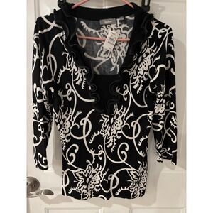 Neiman Marcus Ruffle Neck Floral Print 3/4 Sleeve Lightweight Sweater‎  Medium